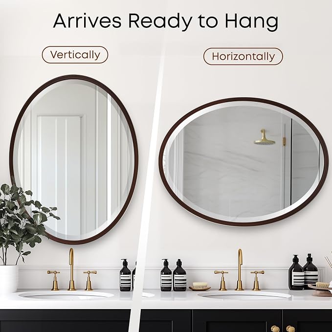 OVALCREST - Oval Wooden Beveled Wall Mirror for Home Decor, Bathroom, Vanity, Bedroom, Living Room, Hallway - London Style (Black Walnut) 17.1 x 13.1