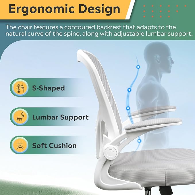 DEVAISE Office Chair Ergonomic Computer Desk Chair with Flip-up Armrests, Comfy Mesh with Adjustable Lumbar Support, White