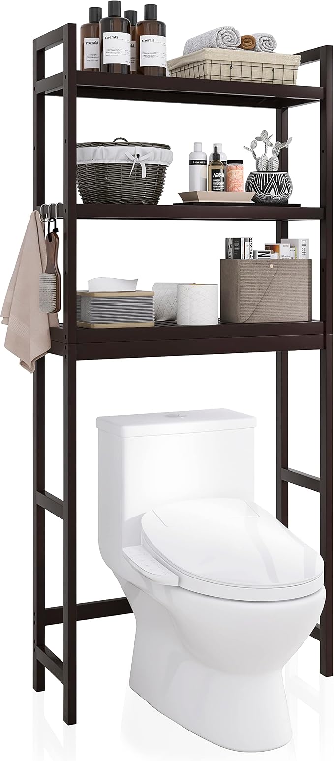 SMIBUY Bathroom Storage Shelf, Bamboo Over-The-Toilet Organizer Rack, Freestanding Toilet Space Saver with 3-Tier Adjustable Shelves (Dark Brown)