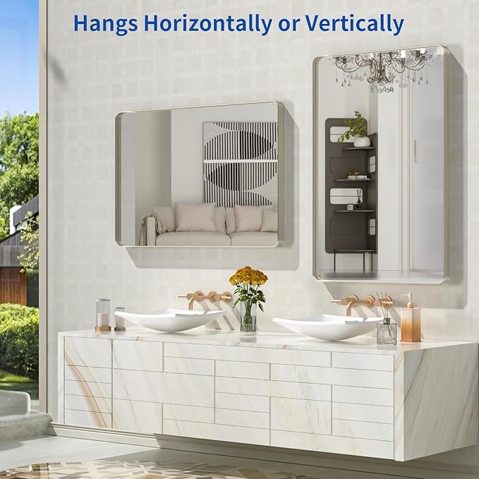 WEER 24X36 Inch Brushed Nickel Bathroom Mirror, Brushed Silver Metal Frame Mirror, Rounded Rectangle Silver Bathroom Vanity Mirror, Tempered Glass, Anti-Rust, Hangs Horizontally or Vertically