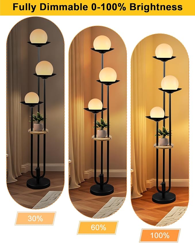 Lightdot Globe Floor Lamp with Shelf 3-Lights Modern Dimmable Floor Lamps 3000K Warm White Bulbs Included Black Tall Standing Lamp with 5Lbs Heavy Base for Living Room/Bedroom/Sofa Beside/Corner Decor