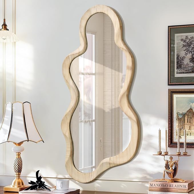 Asymmetrical Mirror Large Irregular Wall Mirror Modern Wood Frame Unique Artistic Mirrors Cute and Stylish Cloud Wavy Mirror Decorative for Cloakroom Bedroom Living Room Bathroom Entryway