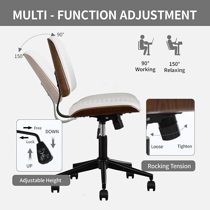 Small Home Office Chair - Armless Mid Back Desk Chair with 360° Swivel and Wheels, PU Upholstered Height Adjustable Modern Walnut Computer Chair for Home, Office Meeting Room - White