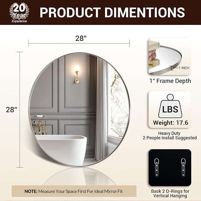 ANDY STAR 28" Brushed Nickel Bathroom Mirror, Round Brushed Nickel Vanity Mirror, Silver Circular Mirror in Stainless Steel Metal Frame for Wall Decor, Living Room, Powder Room