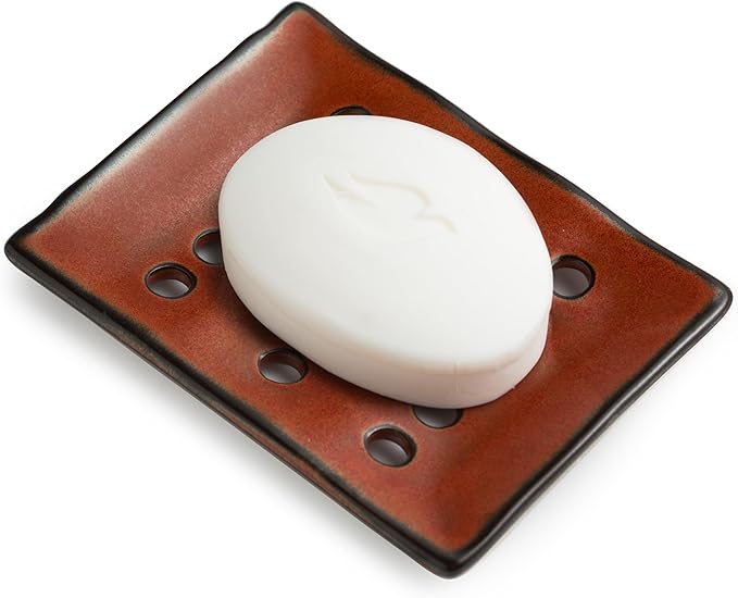 Soap Holder with Self Drain, Ceramic Soap Dishes for Bar, Shower, Japanese Soap Tray for Kitchen and Bathroom, Keep Sink Dry and Tidy, Red