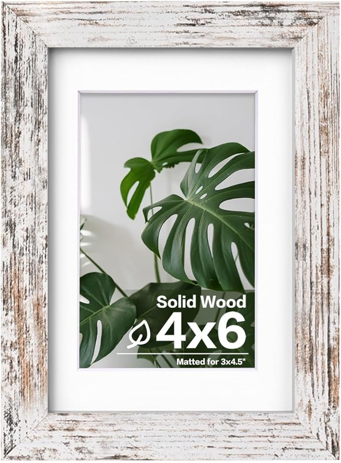 Egofine 4x6 Picture Frame Made of Solid Wood with Plexiglass, Display Pictures 3.5x5 with Mat or 4x6 Without Mat for Tabletop and Wall Mounting, Rustic White