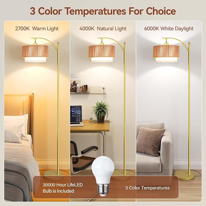 SUNMORY Floor Lamps for Living Room with 12W LED Bulb, Arc Floor Lamp with 3 Color Temperatures, Farmhouse Floor Lamps with Adjustable Rattan & Fabric Shades, Boho Standing Lamp for Bedroom, Corner