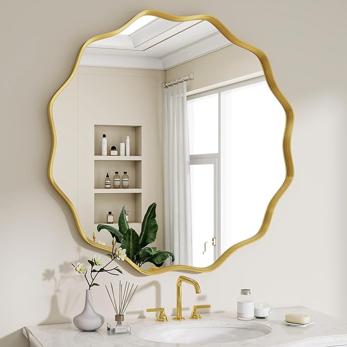 Round Wavy Mirror, 24 Inch Metal Frame Circle Mirror, Round Wall Mounted for Entryway, Bathroom, Vanity, Living Room, Gold