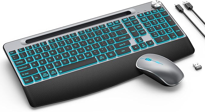 JOYACCESS Ergonomic Wireless Backlit Keyboard with Phone Holder,Rechargeable Wireless Keyboard Mouse Combo with Light Up Keys for for Laptop, PC, Mac, Windows-Grey