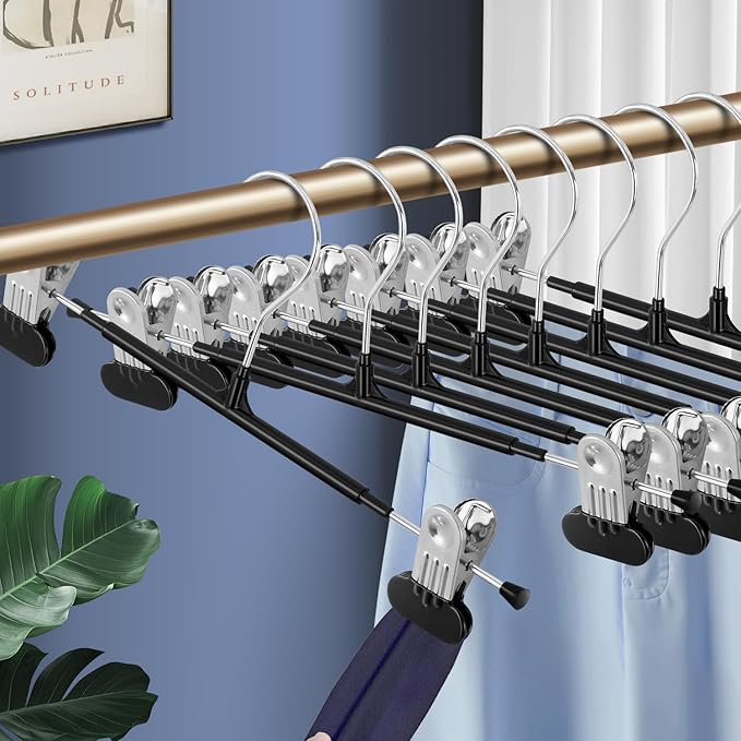 Clothes Pants Hangers with Wide Clips 10 Pack,Non-Slip Adjustable Skirt Hanger for Women,Space-Saving Heavy Duty Men Hangers for Pants,Trousers,Jeans,Shorts 12Inch Black