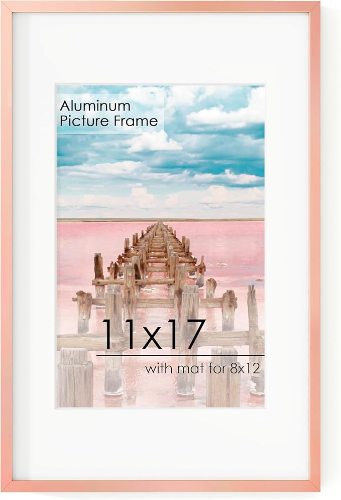11x17 Metal Picture Frame for Wall With Mat for 8x12, 11''x17'' Aluminum Photo Frames With Tempered Glass for Home Decor, Minimalist Modern Poster Frame Horizontal And Vertical Formats, Rose Gold