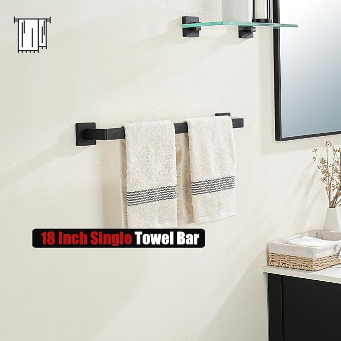 JQK Black Towel Bar, Rounded Edges 20.41 Inch Towel Rack, 304 Stainless Steel Bathroom Wall Mount, Useable Length 18 Inch, TB250L18-PB