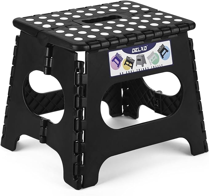 Delxo Folding Step Stool,11 Inch Non-Slip Foldable Step Stools for Kids and Adults,Portable Foldable Step Stool Lightweight Small Folding Stool with Handle for Kitchen Bathroom in Black,1 Pack