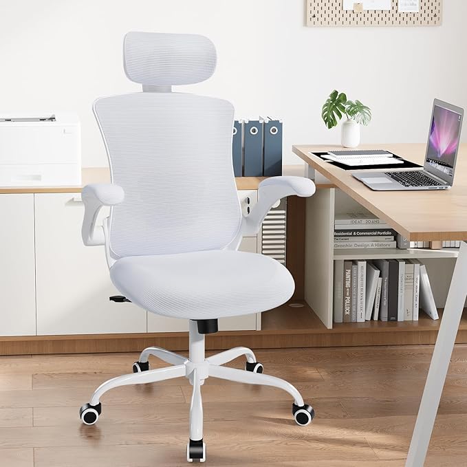 High Back Office Chair with Adjustable Lumbar Support & Headrest, Ergonomic Mesh Desk Chair with Flip-Up Armrests, Breathable & Comfortable Computer Chair for Home, Office & Study, White
