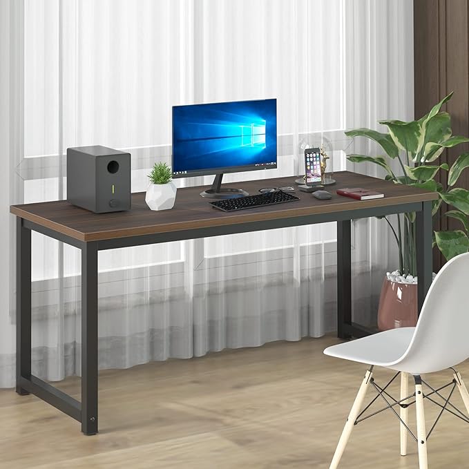 NSdirect Large Office Desk for Home Office, Large 63” Computer Desk Table, Wide Writing Study Desk for 2 Person, Metal Sturdy Frame Thicker Steel Legs, Black Chocolate