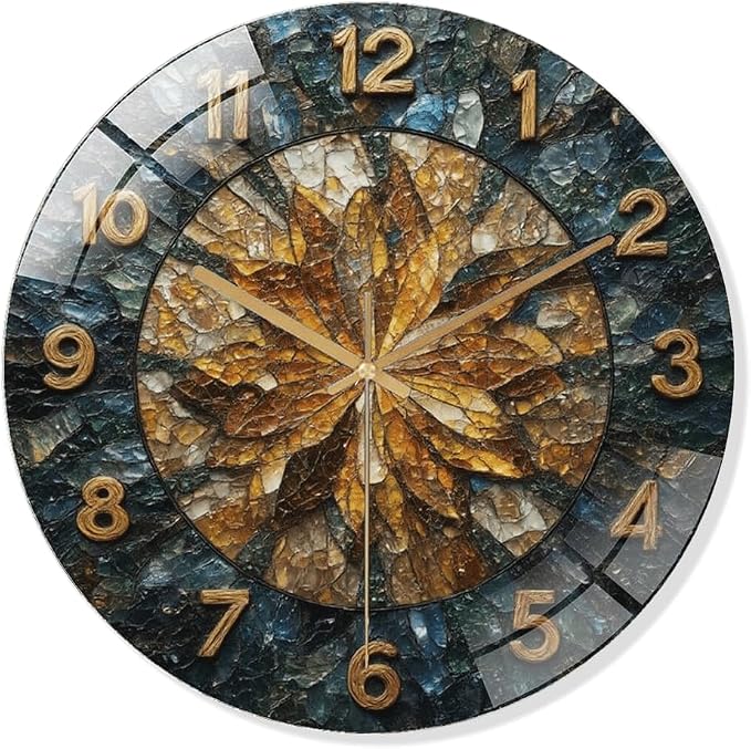 16 Inch Leaf Mosaic Glass Wall Clock Silent Modern Art Decor | Silent glossy wall clock with a vintage crushed stone mosaic design, tracking time perfectly for your living room