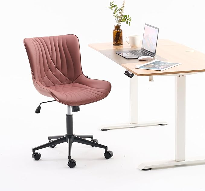 YOUNIKE Office Chair, Armless Desk Chair with Wheels, Adjustable Swivel Home Office Computer Task Chairs, Modern Faux Leather Upholstered Vanity Chair with Back, Dusty Rose