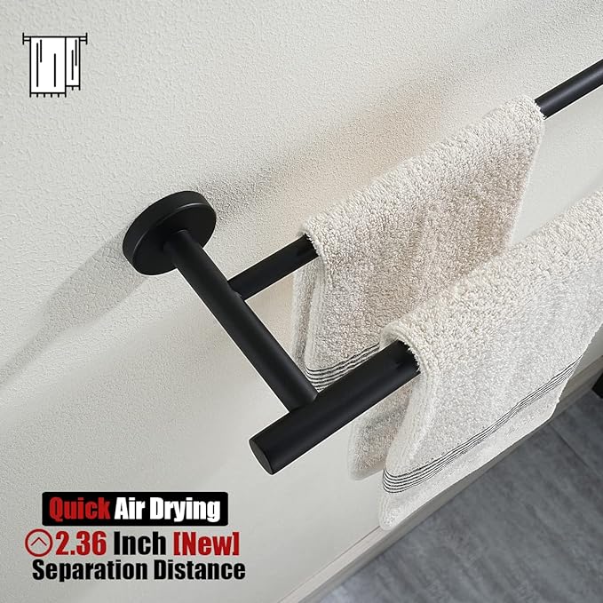 JQK Double Towel Bar 27 Inch, Matte Black Useable Length 24 Inch 304 Stainless Steel Thicken 0.8mm Bath Towel Rack for Bathroom, Towel Holder Wall Mount 2 Pack, TB100L24-PB-P2