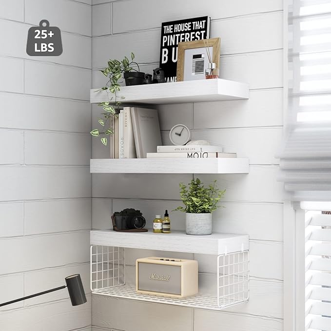 QEEIG Bathroom Shelves Over Toilet - Wall Mounted Floating Shelves Toilet Paper Storage Small Farmhouse Decor Shelf 16 inch Set of 3, White (019-W3)