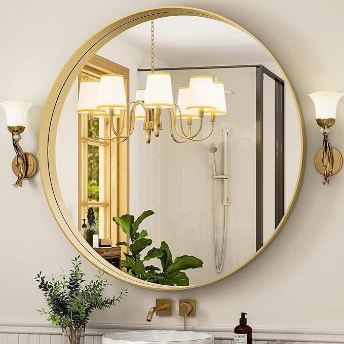 24 Inch Round Bathroom Mirror - Wall Mounted Circle Mirror with Metal Frame, Modern Mirror Suitable for Bathroom, Vanity, Entryway, Living Room, Wall Decor,Gold
