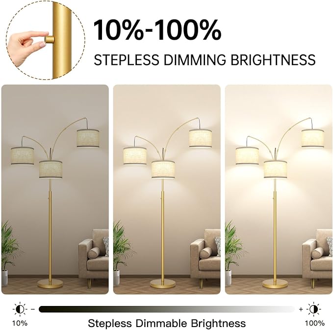Dimmable Gold Floor Lamp, 3 Lights Arc Floor Lamps for Living Room, Modern Tall Standing Tree Lamp with White Shade & Heavy Base, Large Floor Lamp for Bedroom Office, 3x1000 LM LED Bulbs Included