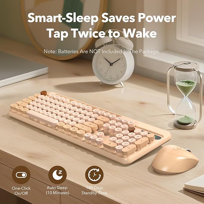 Wireless Keyboard and Mouse Combo, Retro Round Keycaps, Cute Full-Size Typewriter Keyboard with Phone Holder, Sleep Mode, 2.4GHz Cordless Connection for Windows/PC/Laptop (Milk-Tea Colorful)