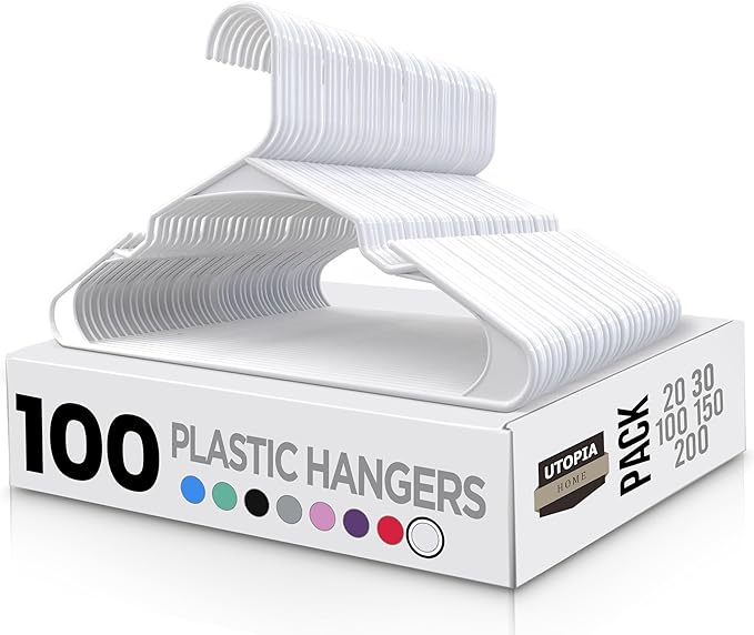 Utopia Home Plastic Hangers 100 Pack - Perfect Space Saving Clothes Hanger - Durable and Strong - Perfect Closet Organizers with Shoulder Grooves (White)