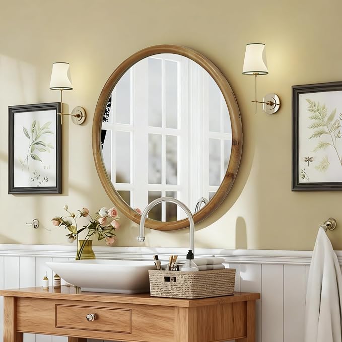 Round Wall Mirror with Natural Wood Frame, 35.43 in Diameter, Mid-Century Modern Decorative Mirror for Bathroom, Bedroom, Entryway, Natural Wood