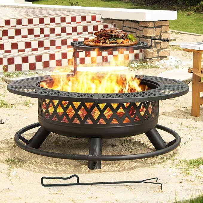 Panovue 42 Inch Outdoor Fire Pit with Grill, Large Firepit Table for Outside, Metal Round Firepits with Lid&Fire Poker,3 in 1 Wood Burning Fire Pits & Outdoor Fireplaces for Backyard,Patio(42'' Black)