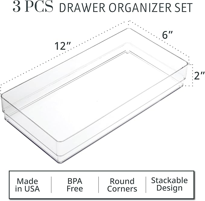 STORi SimpleSort 3-Piece Stackable Clear Drawer Organizer Set | 12" x 6" x 2"