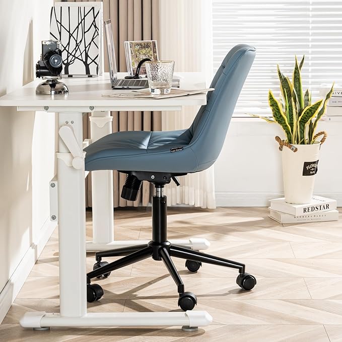 Kidol & Shellder Faux Leather Office Chair, Adjustable Swivel Height Task Chair, Rolling Wheels & Soft Backrest - Armless Ergonomic Desk Chair for Home, Office,Vanity,Gaming（Blue）