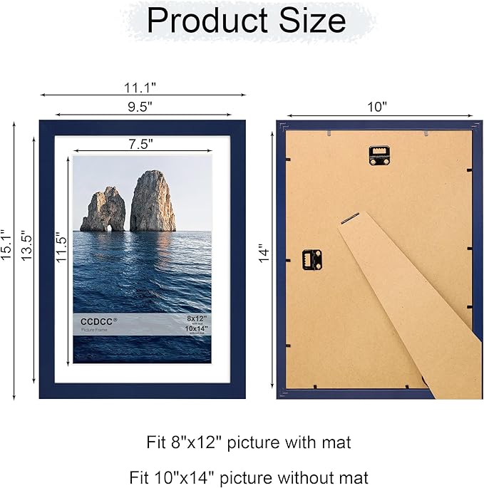 10x14 Picture Frame Set of 4, 10 x 14 Wood Photo Frames with Mat for 8x12 or 30x40cm Diamond Painting Art, Wooden Frame with Real Glass Cover for Wall and Tabletop Display,Blue
