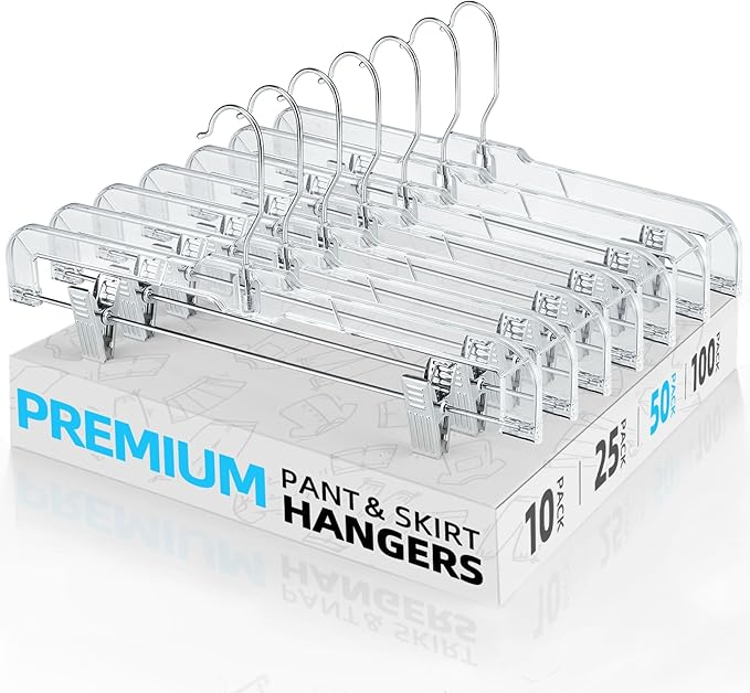 HOUSE DAY 50 Pack 14 inch Clear Plastic Pants Hangers with Clips, Skirt Hangers, Clip Hangers for Pants, Trouser Bulk Plastic Pant Hangers
