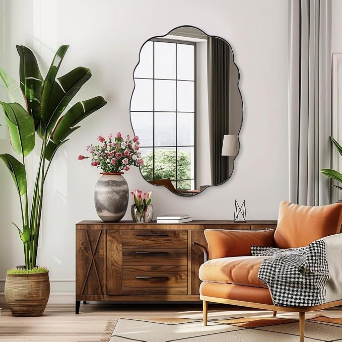 ANDY STAR Black Wavy Oval Mirrors for Bathroom, 30x40 Inch Large Wavy Scalloped Wall Mirror, Anti Rust Stainless Steel Metal Frame, Wall Mount Horizontal or Vertical
