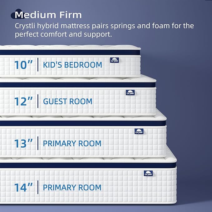 Crystli Queen Size Mattress, 13 Inch Hybrid Memory Foam Mattress, Innerspring Bed in A Box for Pressure Relief, Motion Isolation, Medium Firm, CertiPUR-US Certified