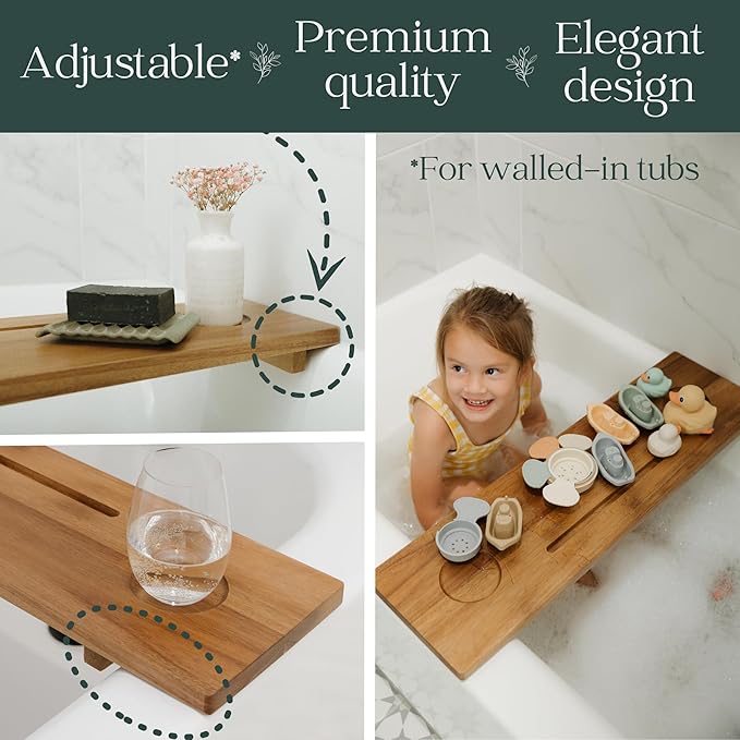 Premium Nature Shed Bathtub Tray for Standard Tubs | 29" Solid Acacia Luxury Bath Tray for Tub | Anti-Tip, Non-Toxic, Sustainable, Adjustable Bathtub Caddy | Bathroom Accessories Holders for Tub Tray
