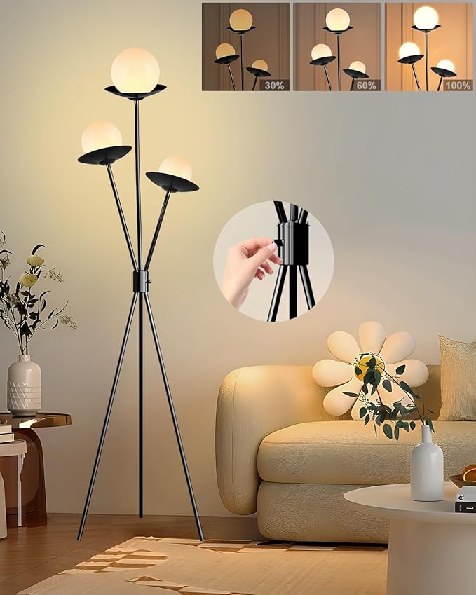 3 Globe Dimmable Tripod Floor Lamp, Mid Century Standing Lamps with 3Pcs 3000K Bulbs Included, Modern Black Tall Lamp for Living Room Bedroom Home Office Sofa Beside Corner Decor