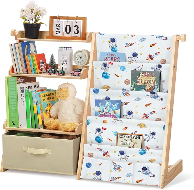 Kids Bookshelf and Toy Storage Organizer Wooden 2 in 1 Toddler Bookcase-4 Tier Book Shelf with Toy Box for Kids Room,Nursery,Playroom