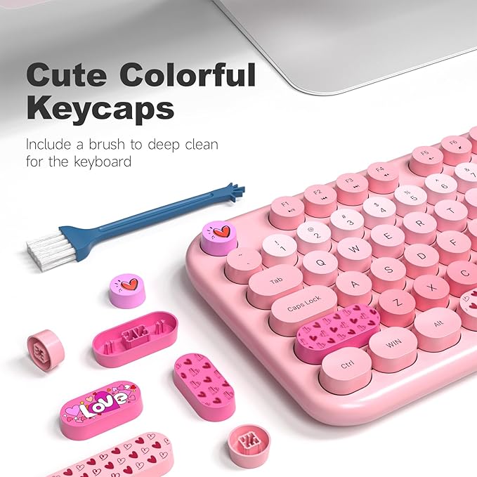 Wireless Keyboard and Mouse Combo, MOWUX Full Size Typewriter Retro Round Computer Keyboard, Cute Optical Mouse Wireless, Plug and Play, for Laptop, PC, Computer- Pink Heart