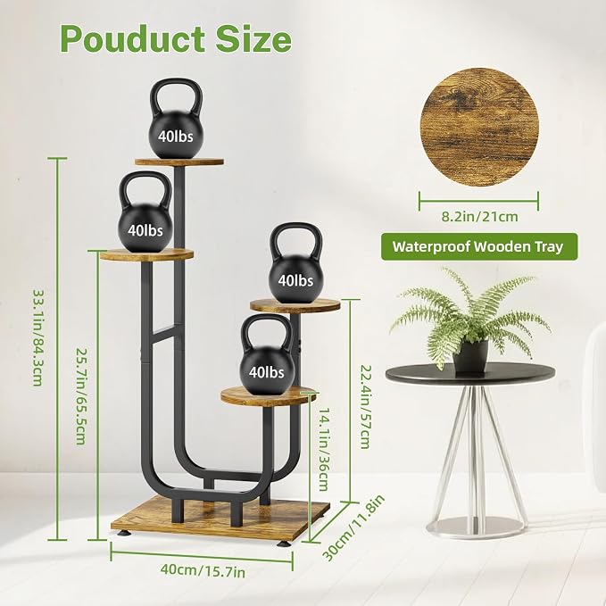 iDavosic.ly 4 Tier Plant Stand Indoor, Corner Tiered Multiple Flower Holder Shelf with Wooden Trays, Orchid Display Metal Rack for Patio Porch Living Room Balcony Outdoor, Modern Black & Rustic Brown