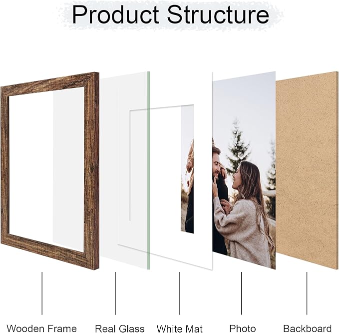 11x14 Picture Frame Set of 4, 11 x 14 Wood Photo Frames with Mat for 8x10, Natural Wooden Frame with Real Glass Cover for Wall and Tabletop Display,Rustic Brown