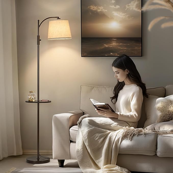 AIDENOEY Fully Dimmable Floor Lamp for Living Room，Standing Lamp Rotary Switch with Table&Linen Beige Shade，Brown Tall Lamps for Bedroom with Adjust Head，9W LED Bulb Included