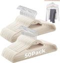 Ivory Velvet Hangers 50 Pack, Felt Covered Non Slip Fabric with Stackable Cascading Hook, Ultra Thin and Space Saving with 360° Swivel Neck, 15Lbs Capacity for Clothes, Suit, Shirt, Coat