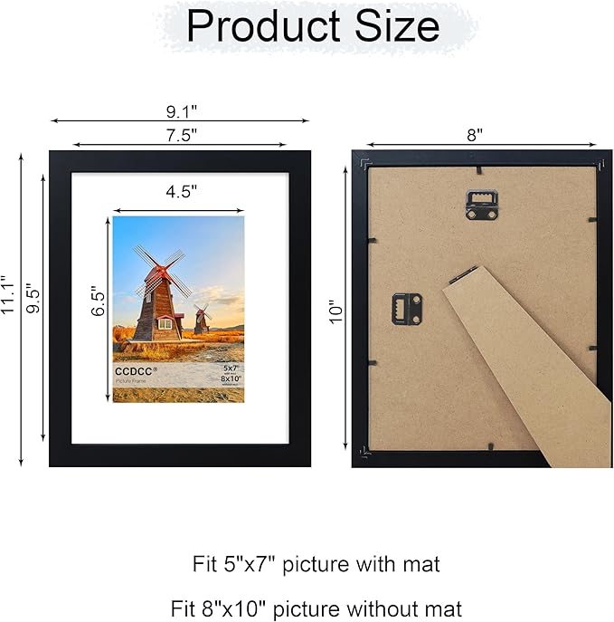 8x10 Picture Frame Set of 4, 8 x 10 Wood Photo Frames with Mat for 5x7, Wooden Frame with Real Glass Cover for Wall and Tabletop Display,Black