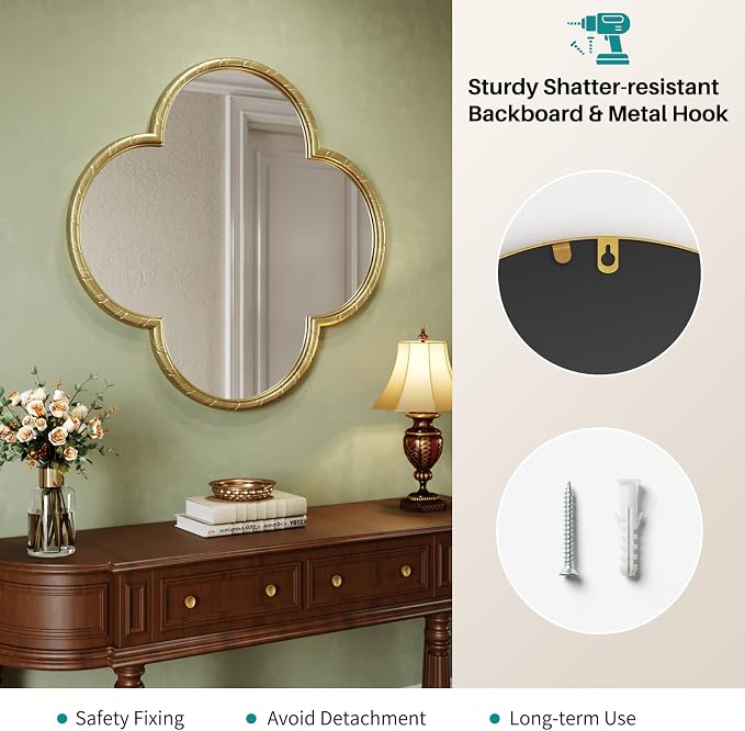Vintage Wall Mirror Decor - 31.5" Large Antique Gold Four-Leaf Clover Mirror with Rope-Like Frame, Wall Decorative Mirrors for Living Room, Bedroom, Fireplace, Bathroom