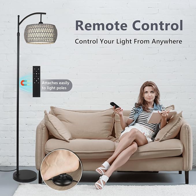 Arc Floor Lamp for Bedroom, Boho Standing Lamp with Remote & LED Smart Bulb, Rattan Floor Lamps for Living Room with 3 Color Temperatures, Height Adjustable Corner Tall Lamp, Stand up Light for Office