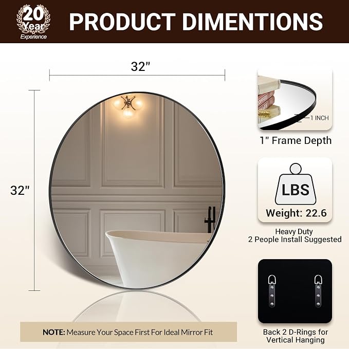 ANDY STAR Round Bathroom Mirror, Round Black Mirror 32 inch, Matte Black Circle Mirror with Anti-Rust Stainless Steel Metal Frame, Modern Vanity Mirror Wall Mount, Easy to Install