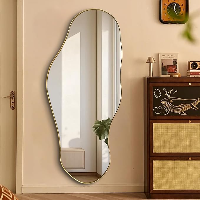Irregular Mirror, 47"x20.5" Asymmetrical Decorative Accent Mirror with Black Metal Frame, Large Organic Shape Mirrors for Entryway Bedroom Living Room, Horizontal or Vertical Hangin