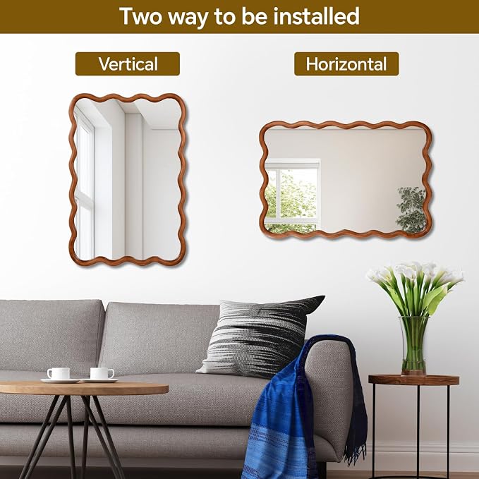 36x24 Inch Wooden Wavy Rectangle Wall Mirror, Modern Solid Wood Frame Decorative Accent Mirror for Bedroom, Bathroom, Living Room, Entryway, Yellowish Brown