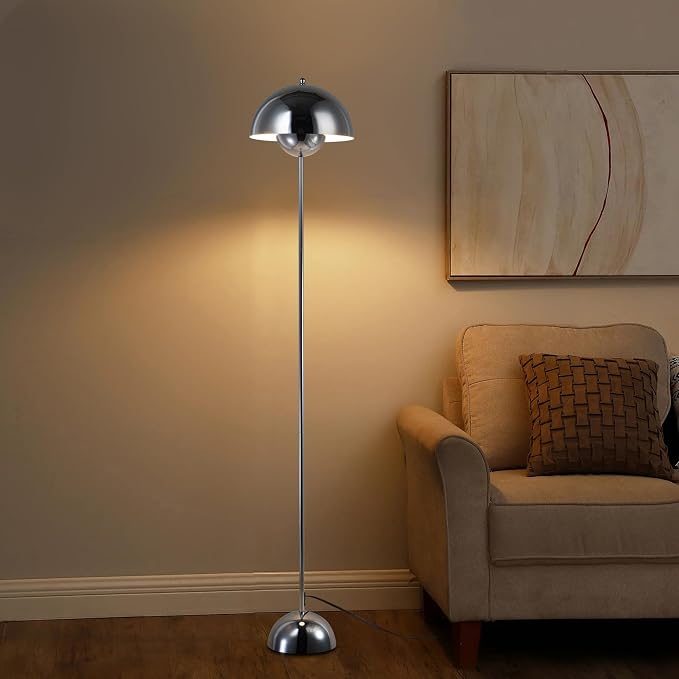 COSYLUX Modern Floor Lamp for Living Room, Industrial Tall Standing Lamp for Bedroom, Metal Shade Reflecting Light Reading Floor Lamp for Office, Nursery Room, Corner(Chrome)